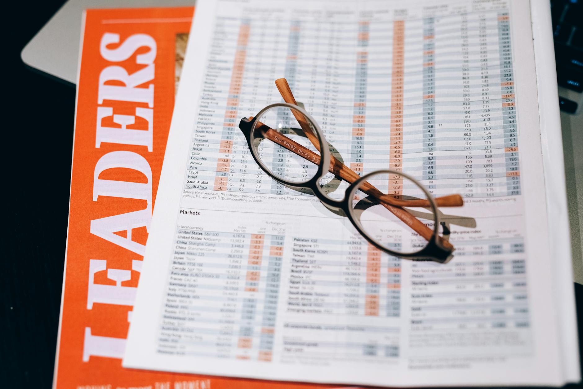 A pair of eyeglasses resting on a financial document and magazine with bold headline "LEADERS" in focus.