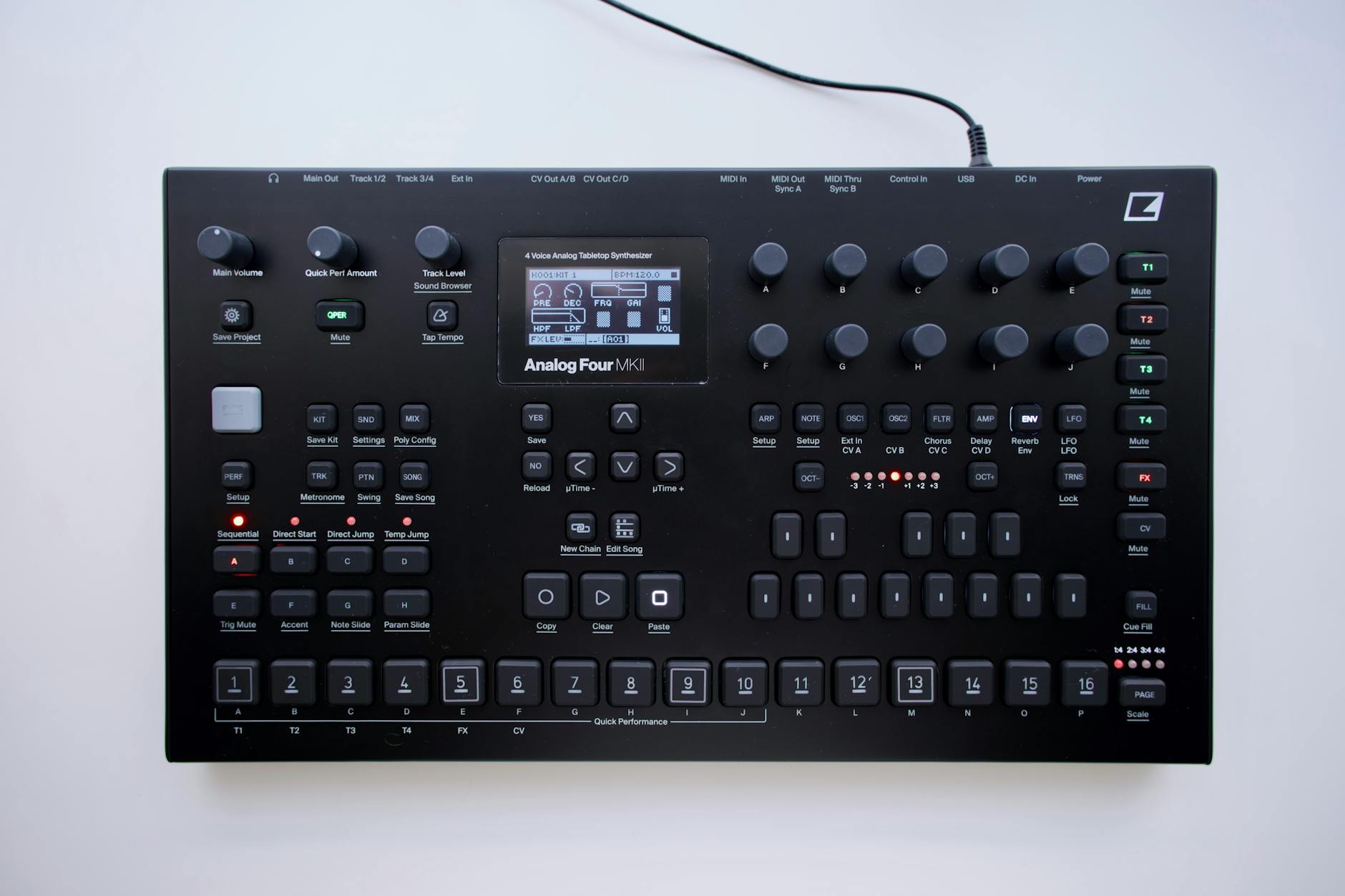 High-quality image of the Analog Four MKII synthesizer showcasing controls and knobs.