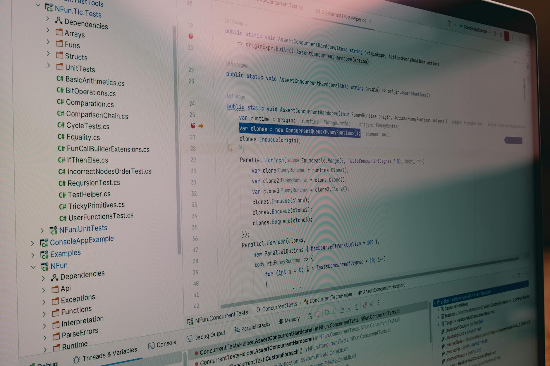 Detailed view of code and file structure in a software development environment.