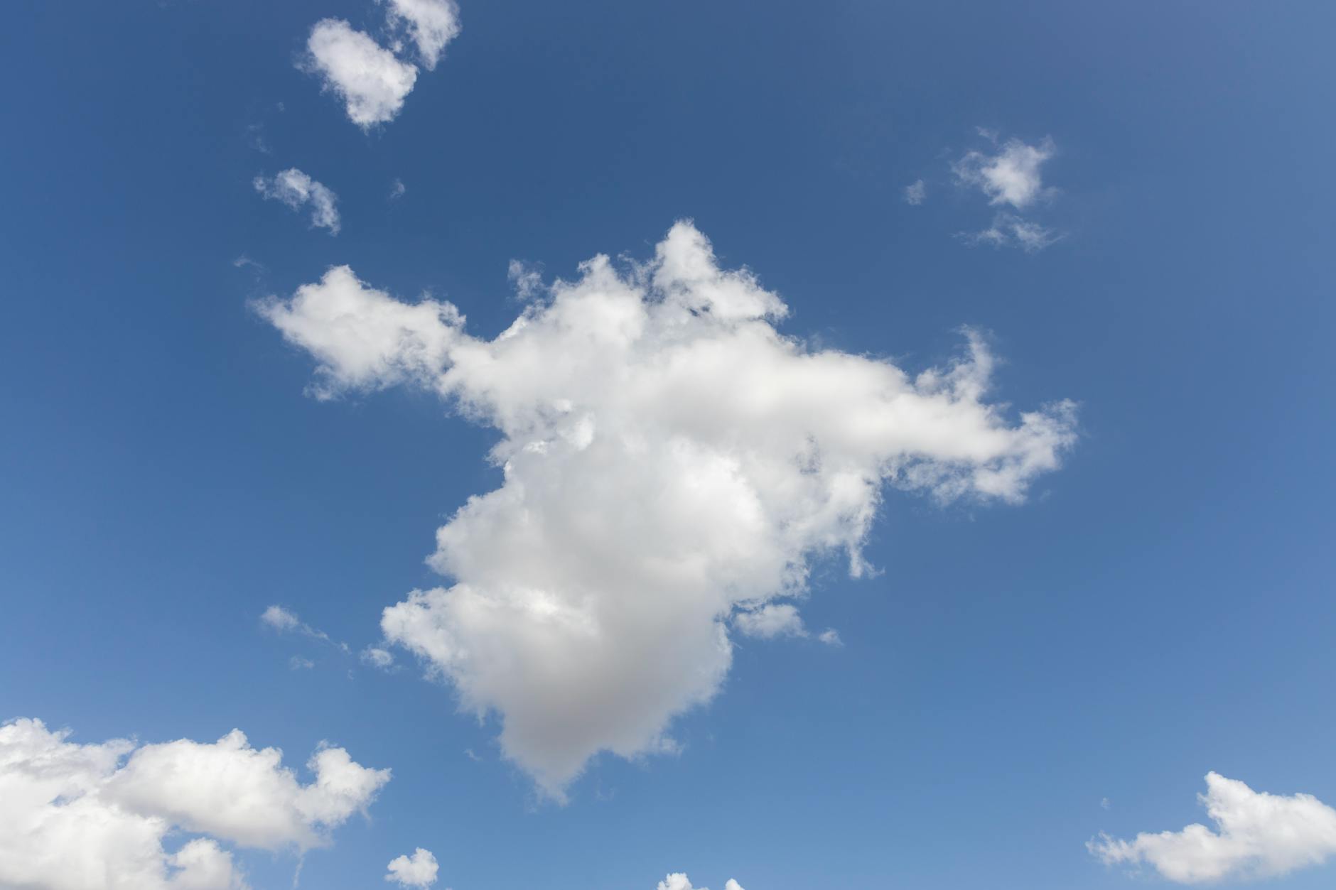 Capture of a fluffy white cloud floating against a clear blue sky, perfect for backgrounds.
