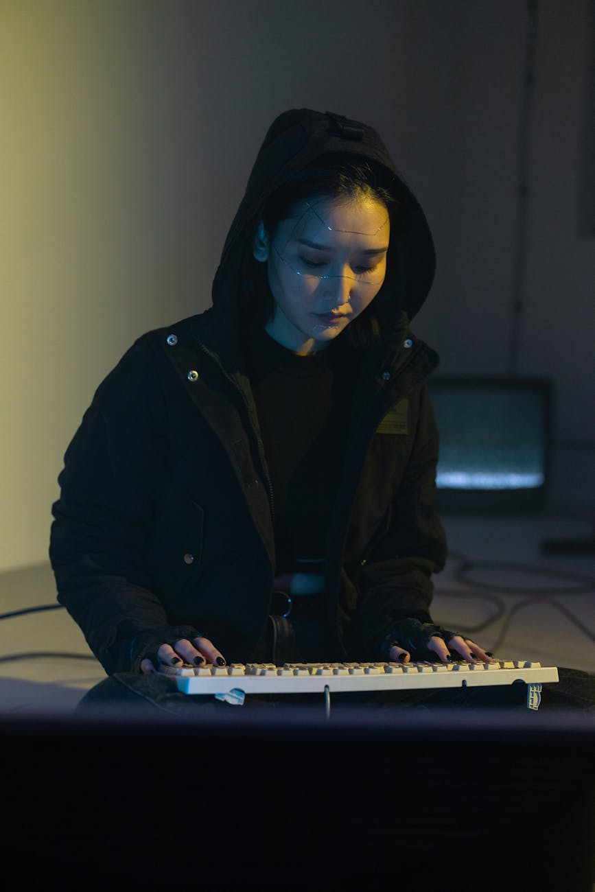 A woman in a black jacket typing on a keyboard with a mysterious atmosphere.