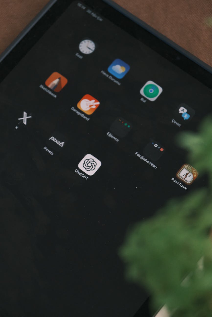 A tablet screen displaying various app icons, highlighting a creative workspace.